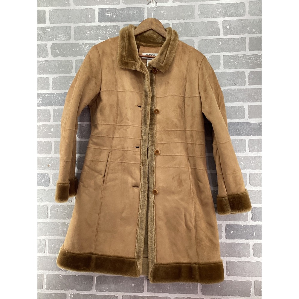 Alfani Outerwear Faux Suede Fur Trim Trench Coat Tan Camel Brown Medium WPL 8046